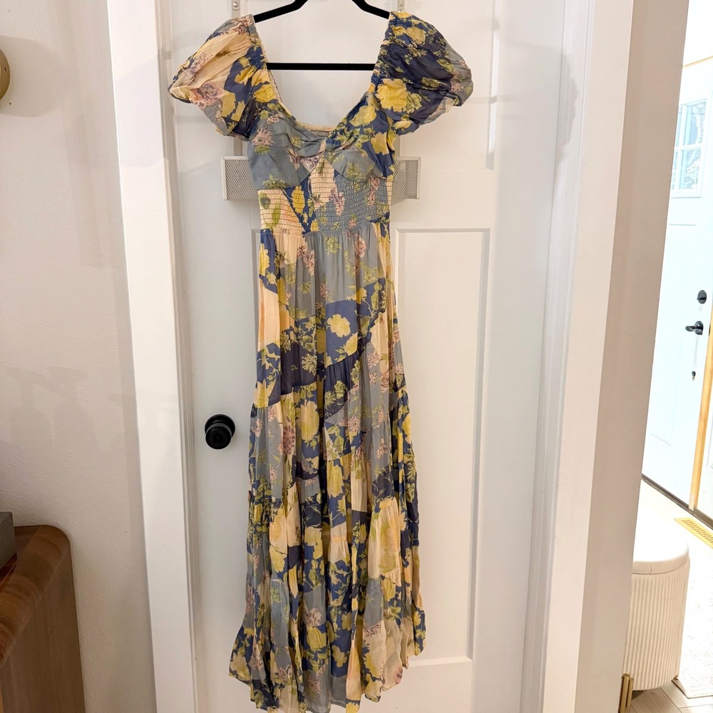 Free People Sundrenched Floral Maxi Dress Smocked Patchwork Puff Sleeve S Boho